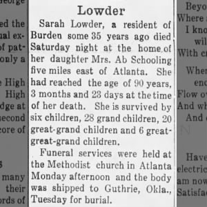 Obituary for Lowder Sarah Lowder