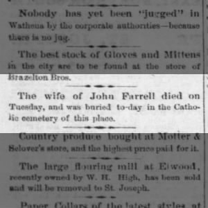 Wife of John Farrell Doniphan County KS d 11 18 1873 notice 11 20 1873 in Wathena Reporter