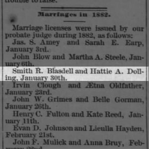 Smith Roe Blasdell and Harriet Ann 'Hattie' Dolling marriage license