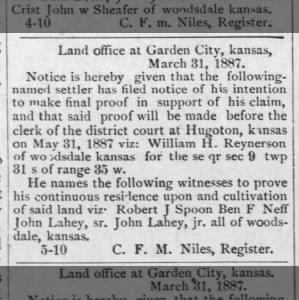 William Henry Reynerson, files for land patent