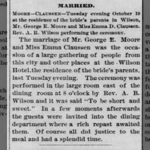 Marriage of George E Moore & Emma Claussen