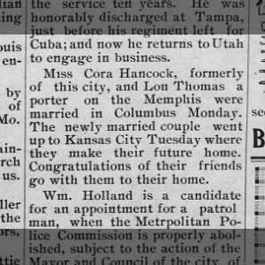 walking, cora thomas (hancock) married to Lon Thomas, Porter on Memphis railroad 