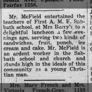 A Mr McField, 1921, First AME