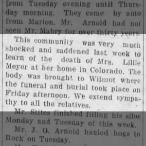 Death of Lillie Meyer in Colorado - 6 October 1919 - Richaland News