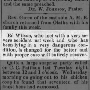 Ed Wilson illness.  Resident of Baxter Springs as early as 1891.