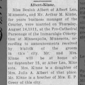 Beulah Ann Albert Marriage to Arthur M. Kinne, 24 Aug 1911, Minneapolis, Minnesota.