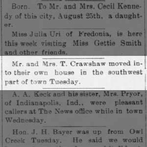 Titus and Eliza Crawshaw - Moved Back in to Yates Center - The Yates Center News, KS 27 Aug 1909, P5