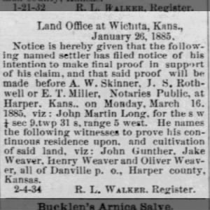 Jacob Jake Weaver witness land claim Feb 1885 Harper County KS