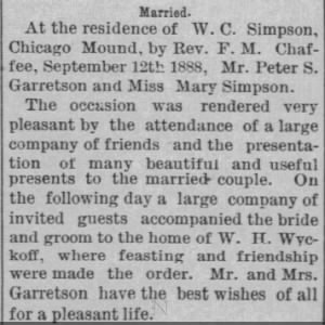 Married - Peter S Garretson and Mary Simpson - on 12 Sept 1888, Chicago Mound, Lyons, Kansas
