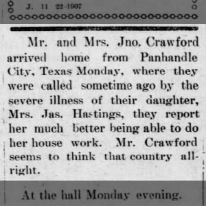 1907 11 22 Mr and Mrs Jno Crawford returned from visit to Panhandle City