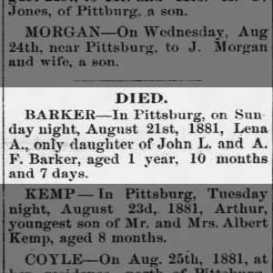 Death of Lena A Barker, daughter of John L and Alida F Ives Barker