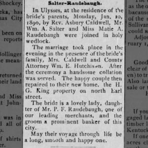 1890 01 25 - Wm A Salter Matie A Raudebaugh - Marriage