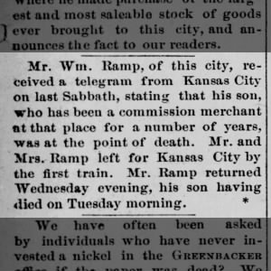 1878-11-16 Mr Wm Ramp this city, telegram from Kansas City on last Sabbath, son ill