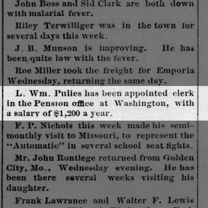 Pullies appointed to Clerk at Pension Office in Washington DC Oct 1882