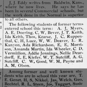 Tom Kearse school Normal Register Salina 1 April 1890