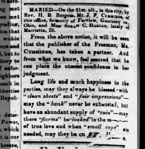 First marriage in Topeka between J.F. Cummings & Sarah Harlan