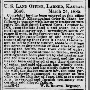 US Land Office, Larned, Kansas 24 Mar 1885