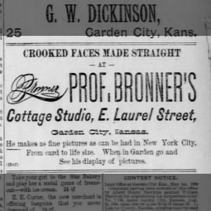 Advertisement for Bronner's Cottage Studio, Garden City Kansas, June 1889