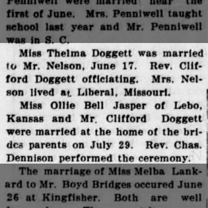 Marriage of Thelma Doggett and Howard Nelson and Clifford Doggett and Ollie Bell Jasper