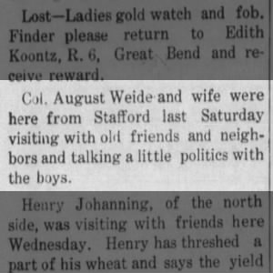 Purely Personal Column - Col. August Weide and Wife Visit from Stafford