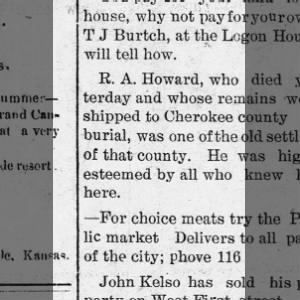 R A Howard death notice Cherryvale daily news may 26, 1903