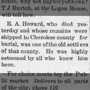 death notice R A Howard Cherryvale, Kansas 1903