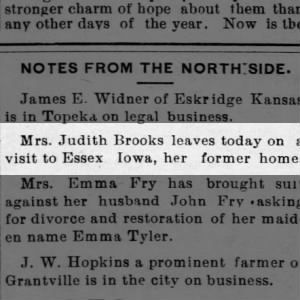 Mrs Judith Brooks leaves for Essex, Iowa