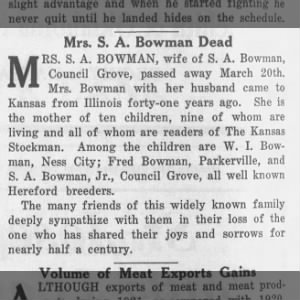 Obituary for Mrs. S.A> Bowman