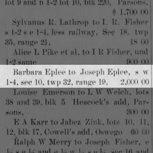 Barbara transfers property to Joseph Eplee for $2,000.00  1898