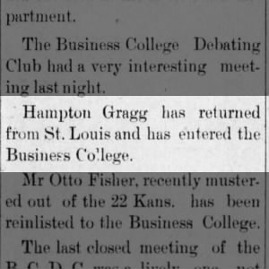 Hampton Gragg enters business college, 3 Mar 1899, Parsons Weekly Globe, Kansas