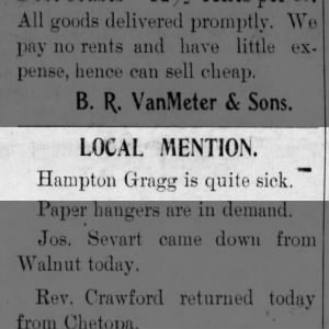 Hampton Gragg quite sick, 11 May 1899, Parsons Weekly Globe, Kansas