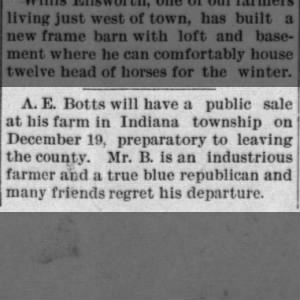 Botts, A E. Public Sate of his farm in Indiana Township, Kansas. November 20,1894
