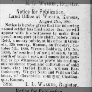 Wesson Baldwin, Land Claim, Grenola Elk County Kansas Oct 5, 1880