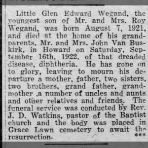 Obituary for Glen Edward Wegand
