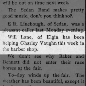 Charley Vaughn getting help in barber shop from Will Lane The Chautauqua Express KS 14 Sep 1888