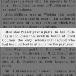 Fred Coulson has perfect attendance at Sunday School, 1903