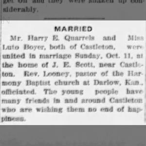 Marriage of Lula Boyer & Harry E. Quarles