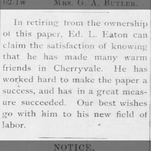 Edwin L. Eaton - Retired from Cherryvale Daily Republic in Aug 1894
