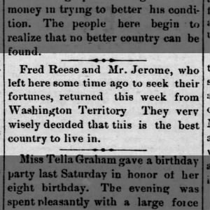 Fred Reese Returns from Washington Territory