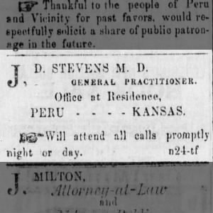 Dr. Joseph Deweese Stevens, MD - advertisement 
- 01-26-1878