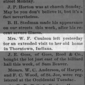 Mrs. W. F. Coulson visits Thorntown, Indiana, 1883