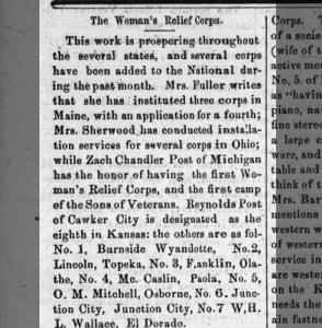The Woman's Relief Corps  
Reynold's Post --Cawker City 
01 Nov 1883 Camp Fire 
Cawker City, KS 
