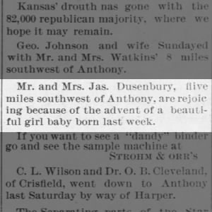 1891 03 27 Dusenbury new baby girl The Anthony Bulletin Fri Pg 3
