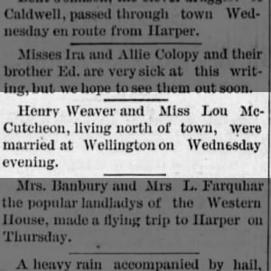 Henry Weaver/Lou McCutcheon Married Wed Jun 21 1883