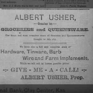 Albert Usher Charlies brother  store ad.  Clay Center 30 May 1889  The Herald