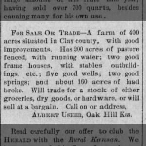 Albert, Charie's brother, sells 400 acre farm in clay county Kansas 06 Jun 1889 The Herald