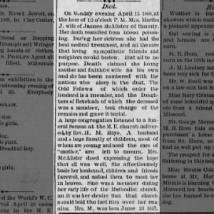 Mrs McAlister, passed away. Oak Hill, Kansas was in Clay county (defunct town in Kansas)