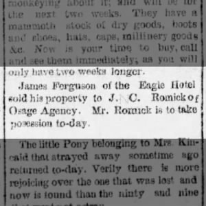 James Ferguson Sold the Eagle Hotel "Chautauqua Springs Mail" KS 1 Jul 1887 Pg5