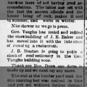 George Vaughn restaurant Chautauqua Springs Mail KS 2 Sep 1887