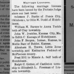 Self, Minnie; col 5; marriage lic. to Fred Hill and Minnie